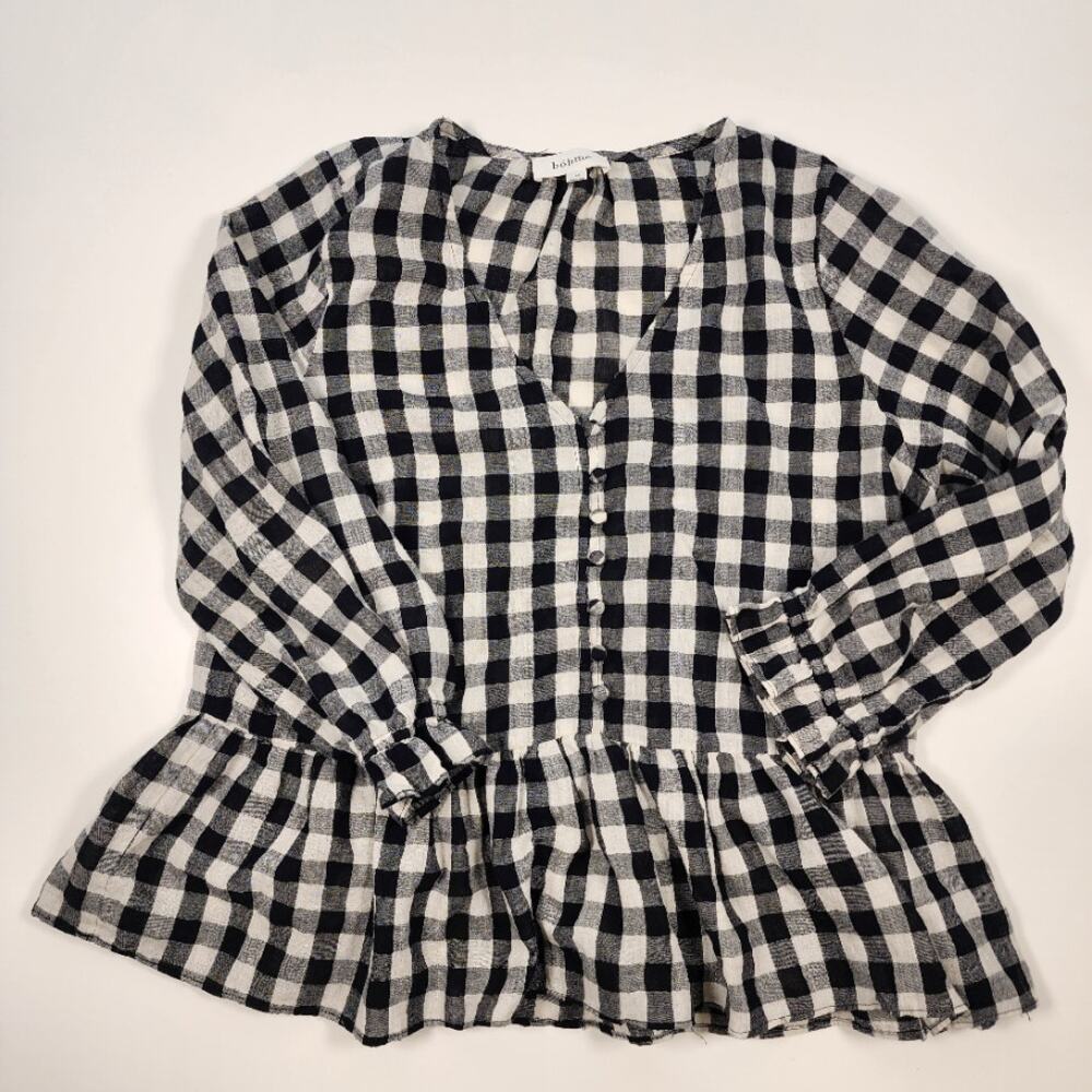 Bohme Gingham Peplum Blouse M Black White Cottagecore Ruffle Topโ